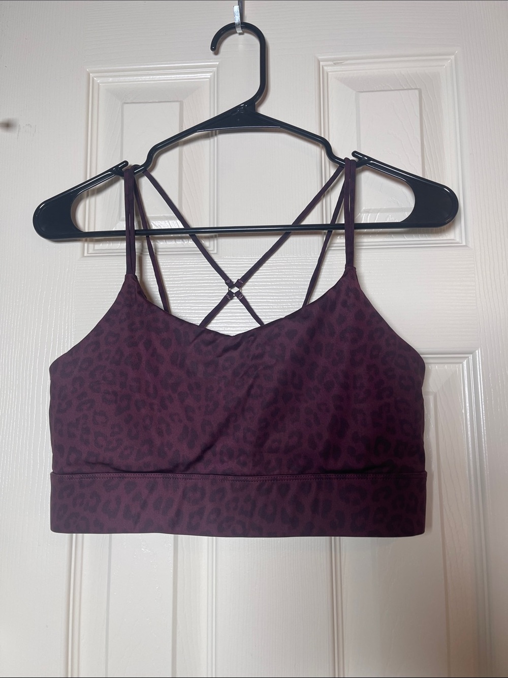 Leopard-Print Crisscross Sports Bralette in Plum